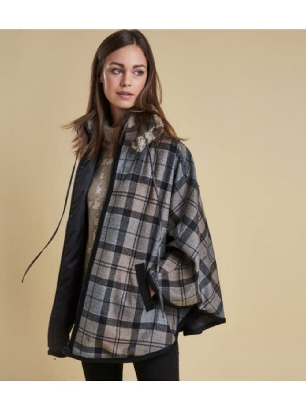 Barbour Gray Plaid Wool Cape with Faux Fur Trim